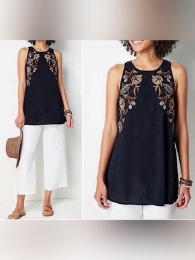 J. Jill Navy Sleeveless Tank with Beige & Light Blue Floral Embroidery